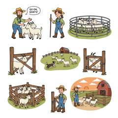 Goats on farm with farmers and fences