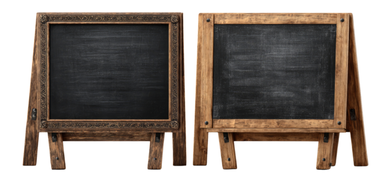 Rustic Wooden Chalkboard Stand with Blank Black Surface for Menu or Signage Display