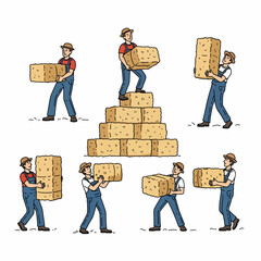 Farmers carrying hay bales stacked high