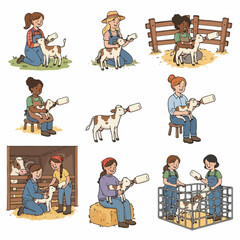 Farmers feeding baby cows in various farm settings