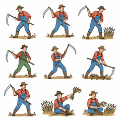 Farmer harvesting wheat with scythe in various poses