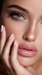 Fototapeta premium Soft pink nails and glossy lips enhance close up of woman flawless skin and green eye, creating delicate and elegant beauty