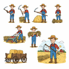 Farmer harvesting hay bales in a rural field