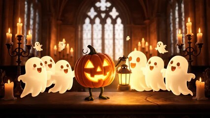 Halloween Pumpkin Mascot Holding Lantern Surrounded by Cartoon Ghosts