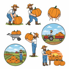 Farmer harvesting pumpkins in field with various activities