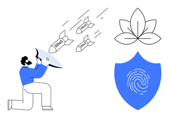 Person defending against incoming DDoS threats using a shield, alongside a fingerprint shield and leaf. Ideal for cybersecurity, internet safety, digital integrity, online defense, privacy, IT