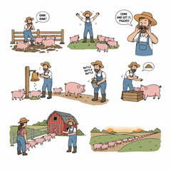Farmer herding pink pigs on a rural farm scene