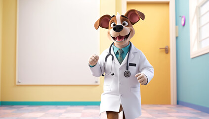 A funny cartoon dog doctor in clothes talks in a clinic
