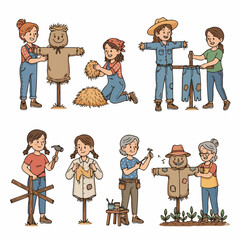 People building a scarecrow in a field