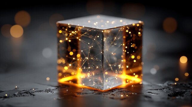 Captivating digital cube illuminated by glowing neural network connections and vibrant energy, symbolizing innovation, data, and futuristic technology in a sleek, modern aesthetic.