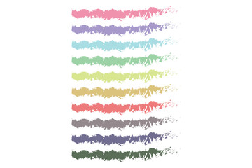  Horizontal stack of distressed, colorful brushstroke stripes with fragmented edges, presenting a textured abstract pattern on a light grey background.