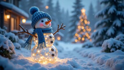 Magical glowing snowman with a cheerful smile representing the winter holidays against a snowy village background - Powered by Adobe