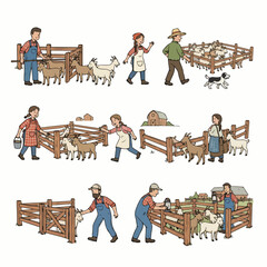 Goats on farm with people tending and caring