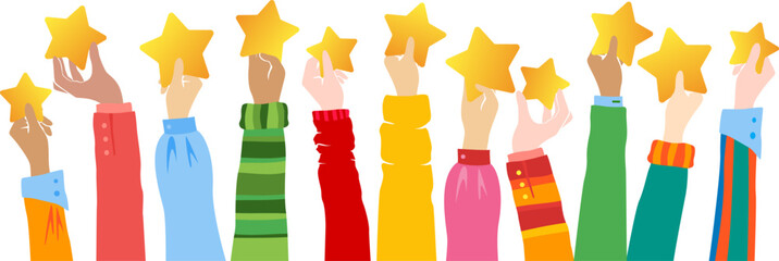 Hands up and holding golden stars. Vector horizontal border with colorful decoration elements.