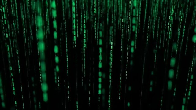 Abstract digital background with green binary code cascading, creating a futuristic atmosphere