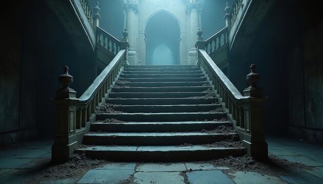 Staircase leads up in old mysterious building. Steps are covered in dirt and dust. Gothic architecture with dark mood setting for horror film scene. Thriller or spooky tale concept.