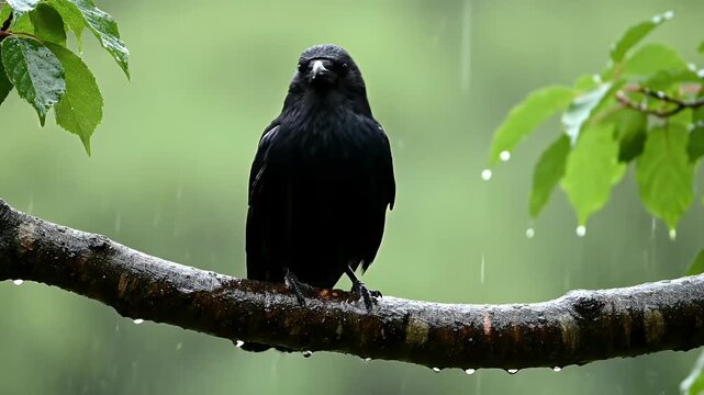 A solitary black crow perches on a wet tree branch during a gentle rain shower, observing its surroundings.