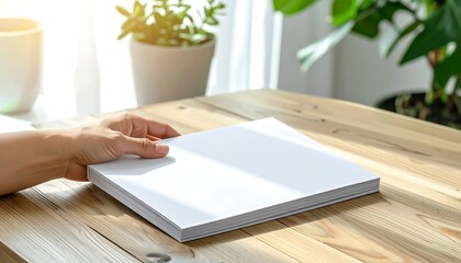Blank white pages of a book or magazine held by a person's hands on a wooden table surface, with natural light