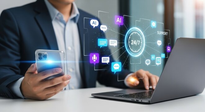 Businessman at desk with smartphone and laptop, camera chest-down only. Futuristic holographic interface projects AI chat icons, 247 support clock, voice and message bubbles, symbolizing automated cus