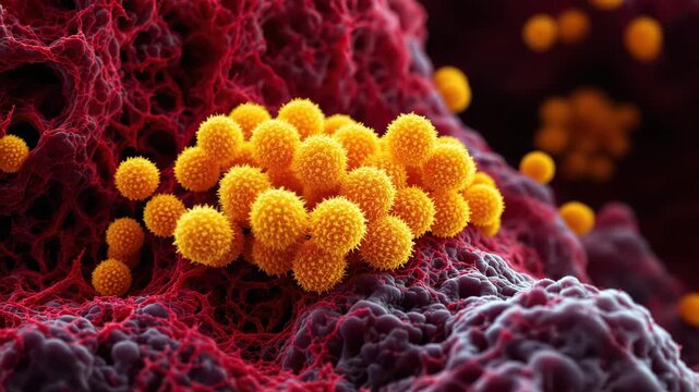 Machupo virion clusters localized on membranes in infected tissue, electron-style footage