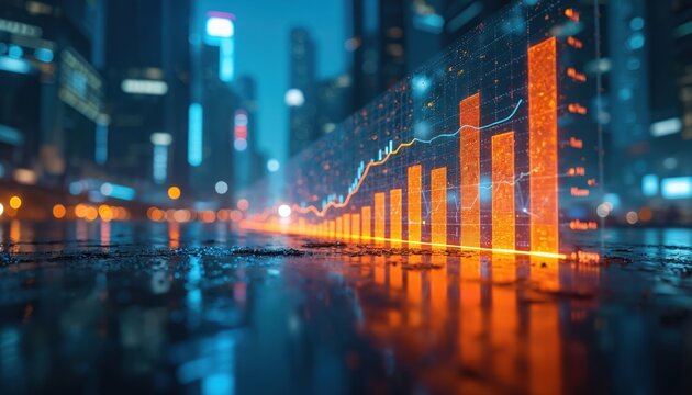 Abstract 3D bar chart with glowing orange bars rises from wet ground. City lights blur background. Digital data graph shows growth. Finance concept.