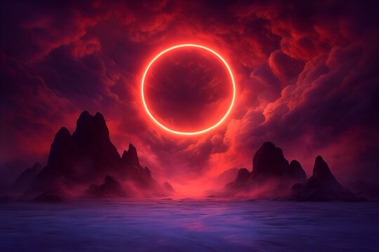A red eclipse ring hovers over a dark, mountainous landscape at night