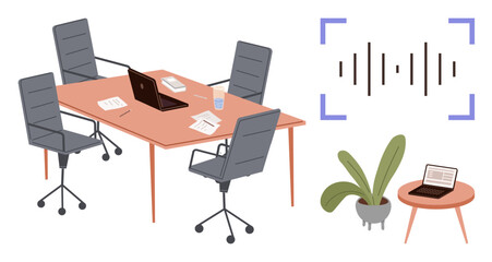 Office desk setup with four chairs, laptops, documents, and glass. Nearby, a plant, side table, and waveform icon emphasize productivity and communication. Ideal for teamwork remote work