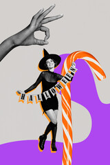 Banner 3d sketch image collage of happy witch girl stand lollipop candy hand halloween garland creepy autumn holiday celebration