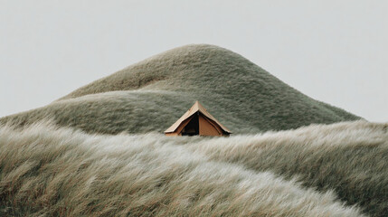 A gentle slope of a hill covered with tall natural golden grass. In the center of the frame, on top of the hill, there is a minimalist camping tent.