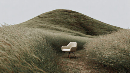 A gentle slope of a hill covered with tall natural golden grass. In the center of the frame, on top of the hill, there is a minimalist office chair.