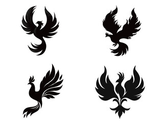 Four distinct representations of the phoenix, a symbol of rebirth and resilience, showing different artistic styles and wing formations in black color.