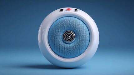 Sleek modern white speaker with vibrant blue fabric grill and chrome accent delivering crystal clear audio for immersive entertainment and professional sound applications