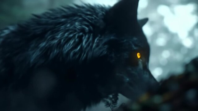 Mystical Black Wolf with Glowing Eyes in a Dark Forest Environment