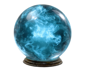 Mystical crystal ball with swirling blue smoke and glowing light, radiating magical energy. powerful symbol for fortune telling, future prediction, and spiritual divination