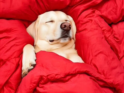 Adorable Labrador Puppy Sleeping Soundly in Red Bedding - Powered by Adobe