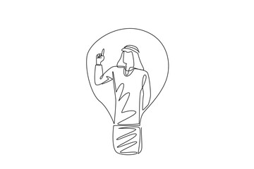 Single continuous line drawing Arabian man with gestures got an idea in a lightbulb. Brilliance of ideas. Clarity of thinking. Genius. National Creativity Day. One line design vector illustration