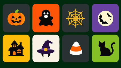 Moonrise Mischief Halloween Icons &mdash; Pumpkin, Ghost, Web, Full Moon, Haunted House, Witch Hat, Candy Corn & Black Cat