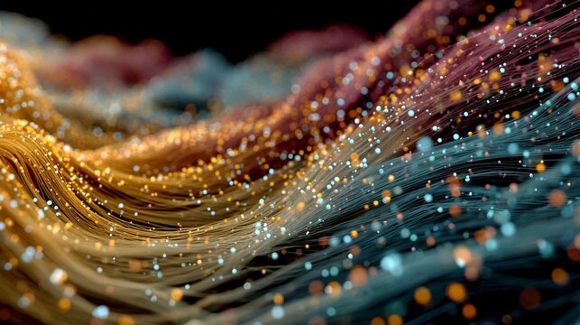 Abstract flowing lines and glowing particles create a dynamic, futuristic network visualization, evoking innovation and digital connection with vibrant energy.