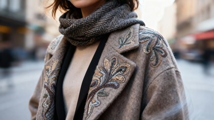 Woman in stylish coat with embroidered details