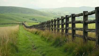 Obraz premium Old wooden fence divides rich green pasture on rolling hills under soft sky. Path leads through wild grass towards distant farmstead, peaceful countryside.