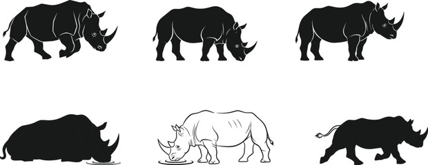 Rhinoceros Vector Set Showing Walking, Drinking, Grazing, Standing, and Pairing Poses for Wildlife, Nature, Animal Behavior, and Safari Concepts