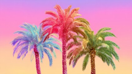Naklejka premium Vibrant palm trees silhouetted against a colorful gradient sky of pink, orange, and yellow