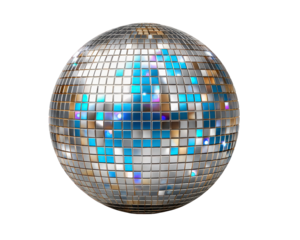 Shiny disco ball with blue light reflection for vibrant party celebration. This retro mirror ball decoration is perfect for festive dance club event background