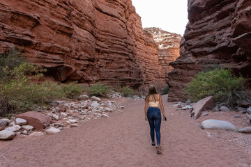 Woman walking alone through a narrow red canyon with rocky walls