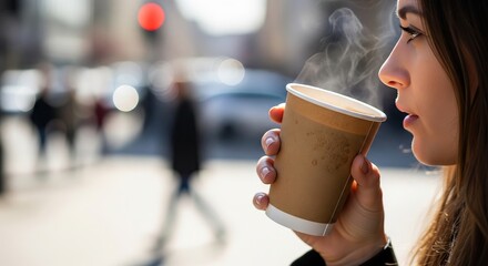 Woman enjoying a warm beverage on a city street