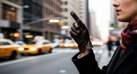 A person in a leather glove points upwards on a city street.