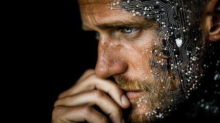 Pensive man with electronic circuit pattern overlay on his face in dark background