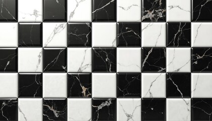 Black and white marble tiles arranged in checkerboard pattern. Classic luxury surface for interior design projects. Elegant geometric background for walls and floors.