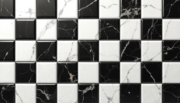 Black and white marble tiles arranged in checkerboard pattern. Classic luxury surface for interior design projects. Elegant geometric background for walls and floors.