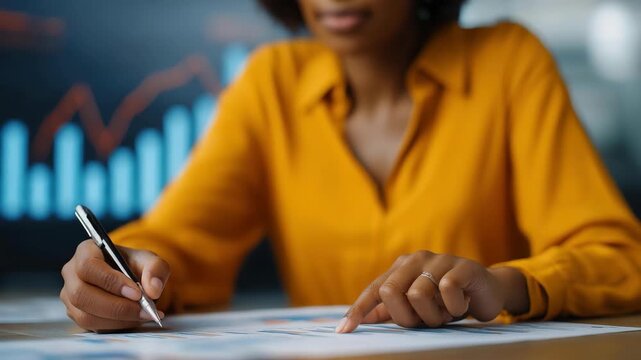A focused professional woman analyzes data on charts and reports, embodying determination and precision in a dynamic workplace, representing the future of analytics and decision-making.